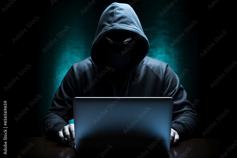 Photo of a focused hacker in a dimly lit room, illuminated by the glow of a laptop screen, intently typing on a keyboard. Conceptual image representing cybersecurity, hacking & data protection. Photo of a focused hacker in a dimly lit room, illuminated by the glow of a laptop screen, intently typing on a keyboard. Conceptual image representing cybersecurity, hacking & data protection.