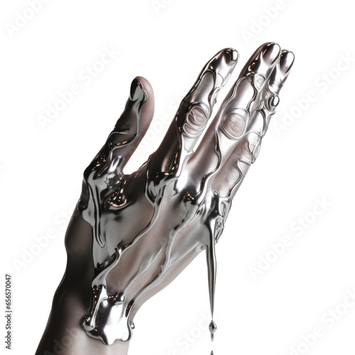 molten metal flows down the hand isolated on a transparent background