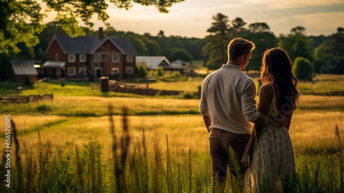 A couple  intimately wrapped in each other s arms  stands overlooking a picturesque countryside farmhouse. The distant hum of livestock grazing and the soft  golden-hour glow paint