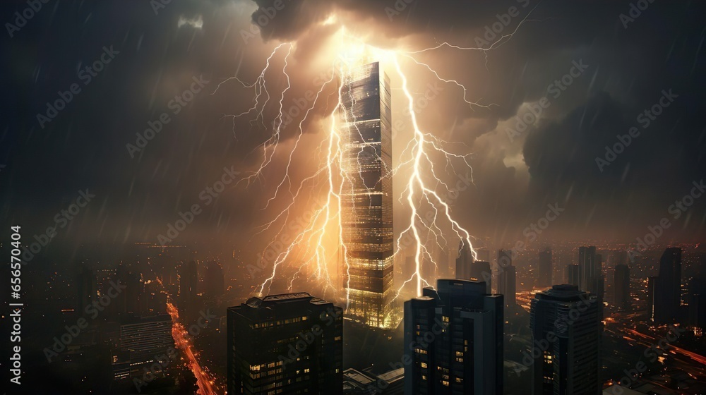 Dark cloudy sky with lightning over city. Stormy weather. A huge branched lightning strikes the modern city building skyscraper tower. Beautiful landscape. Weather forecastю - obrazy, fototapety, plakaty 