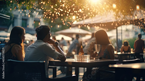 Bokeh background of Street Bar beer restaurant, outdoor in asia, People sit chill out and hang out dinner and listen to music together in Avenue, Happy life ,work hard play hard.