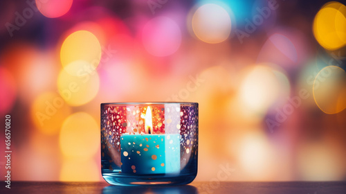 Burning candle in glass on bokeh background