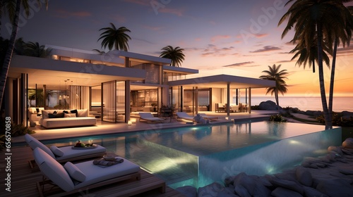 Luxury villa with swimming pool at sunset, panorama © Iman