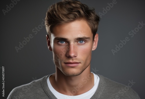Portrait of an attractive light-eyed boy posing against a gray background in a studio