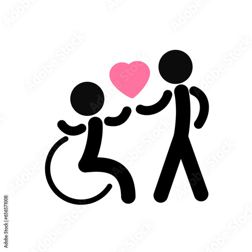 Disability support logo. Disabled person in a wheelchair. Pink heart. Vector illustration on a white background.