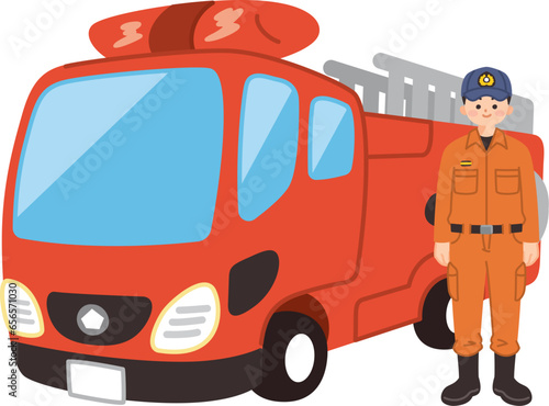 はしご消防車と消防士の男性　防災　レスキュー