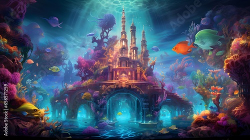 Fantasy underwater world. Fantasy landscape with a fantasy temple in the ocean.