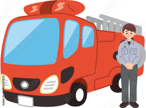 はしご消防車と消防士の女性　防災　レスキュー