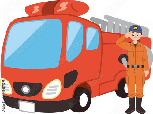 はしご消防車と消防士の女性　防災　レスキュー