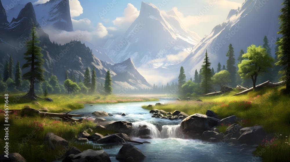 Panoramic view of a mountain river in the mountains. Digital painting.