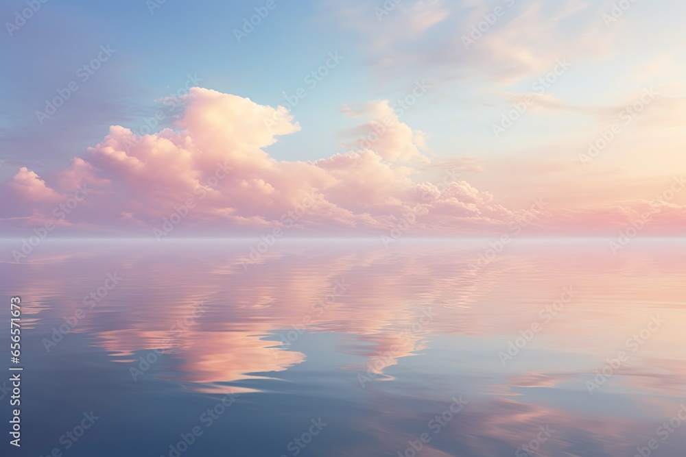 Mirror-like calm ocean at dawn reflecting wispy pink and gold cloud formation