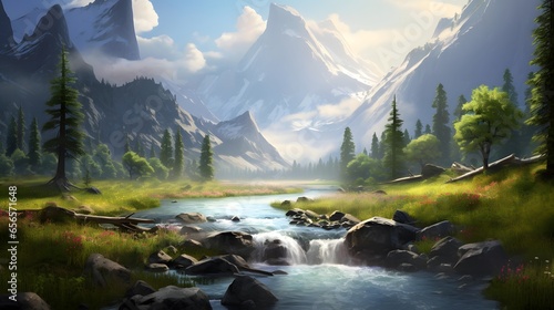Panoramic view of a mountain river in the mountains. Digital painting.