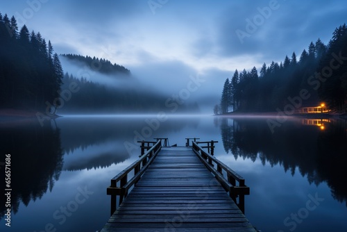 Misty dawn over a placid mountain lake, with the first light illuminating a solitary dock