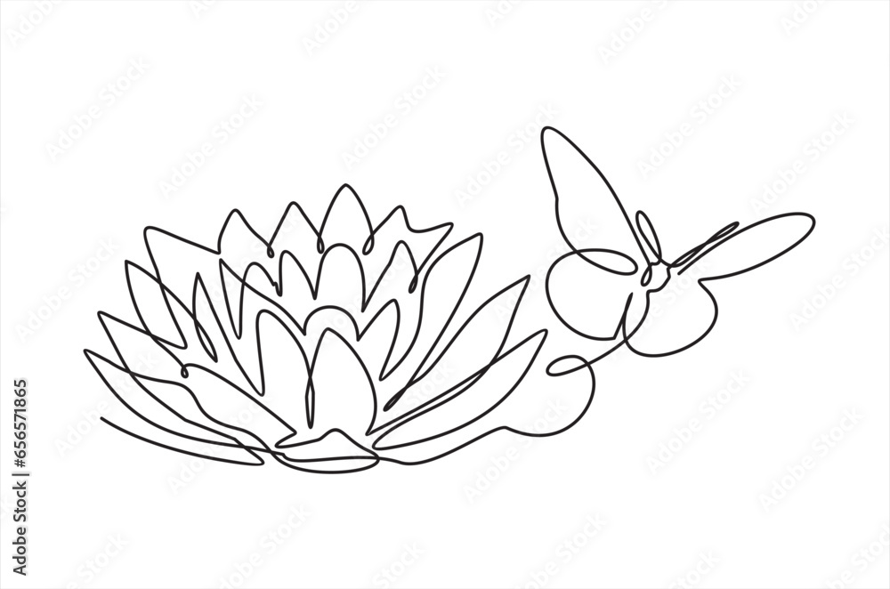 Lotus flower and butterfly isolated on white background. Continuous line drawing - obrazy, fototapety, plakaty 