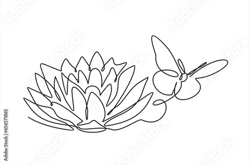 Lotus flower and butterfly isolated on white background. Continuous line drawing
