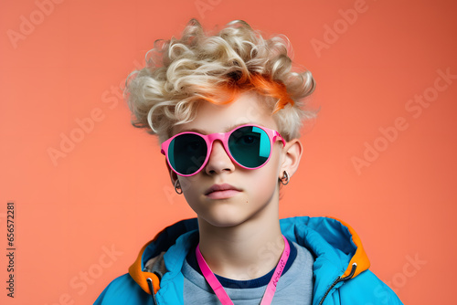 Colorful studio portrait of a cool teenager boy with age specific outfit and accessories. Bold, vibrant and minimalist. Copy space photo