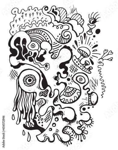 abstract doodle illustration, hand drawn coloring page, black and white outline sketch