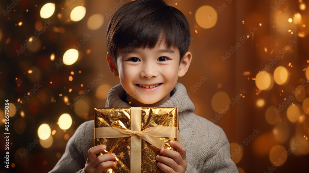 Portrait of a cute little asian boy with a gift box Portrait of a cute little asian boy with a gift box