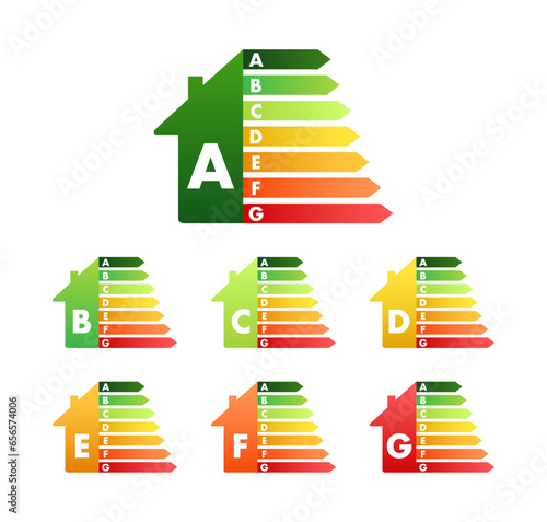 House with Energy Efficiency classes, chart. EPC energy performance certificate. Efficiency of housing. Vector stock illustration
