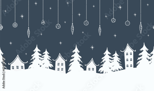 Christmas seamless border. Winter landscape. White houses, fir trees, Christmas tree decorations on dark blue background. Winter village in holidays. Vector illustration