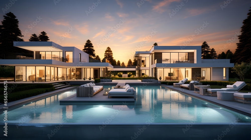 Luxury modern house with swimming pool at sunset. Nobody inside