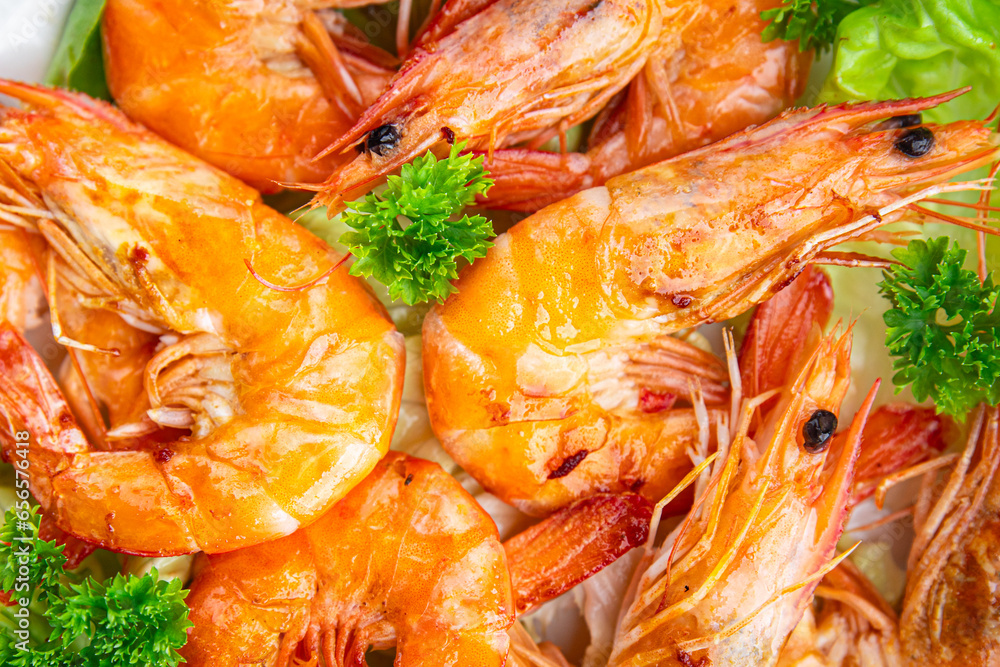 shrimp spicy fried seafood fresh tasty meal food snack on the table copy space food background rustic top view