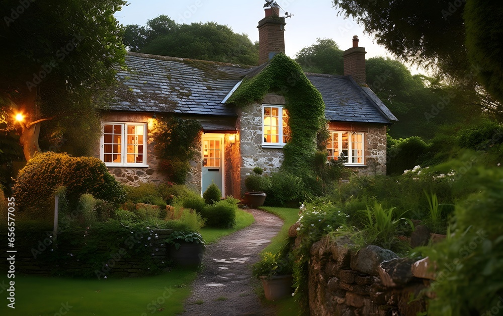 Beautiful cottage in the English countryside at night, panoramic view