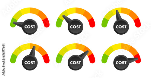 Cost reduction Level Meter, measuring scale. Cost reduction Level speedometer indicator. Price management. Vector stock illustration