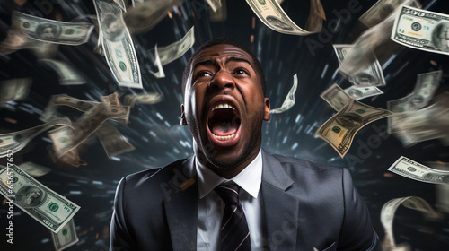 Funny black businessman screaming with money photo