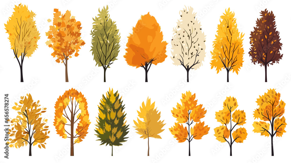 autumn trees, set of vector illustrations of cute trees and shrubs: oak, birch, aspen, linden, fir, sun and dog, different shapes of trees in autumn colors. Isolated on white background - obrazy, fototapety, plakaty 
