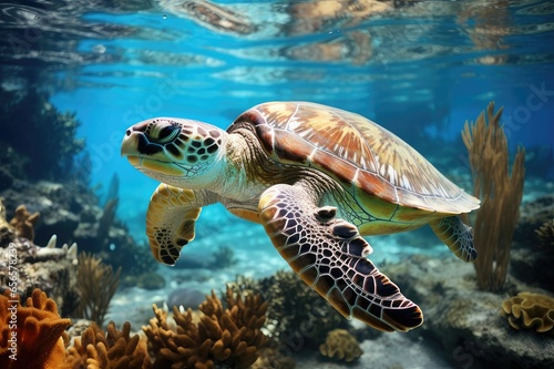 A sea turtle swimming through a colorful coral reef  © ArtiStokist