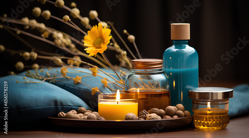 Relaxing Oils  with Aromatic Candles  Zen Moments Photography  Diwali Relaxation Essentials   Tranquil Blues and Gentle Yellows  and Mandala  Serenity of Diwali Relaxation  Indian Personal Care Brand