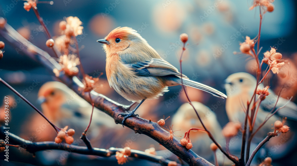 Obraz premium Birds in an Abstract Autumn Landscape Wallpaper Background Cover Digital Art Description AI 