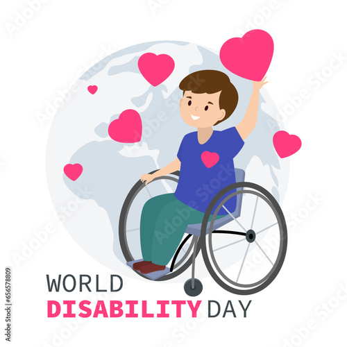 World Disability. Concept of supporting people with disabilities. Disabled person in a wheelchair holding hearts. Modern vector illustration.
