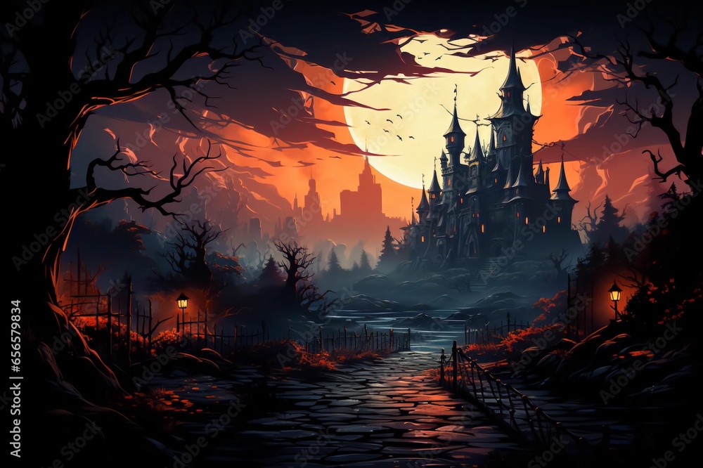 Paysage halloween avec chateau hanté au loin et la pleine lune dans une ...