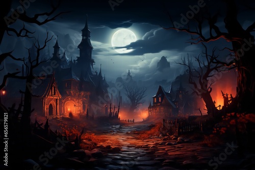 Paysage halloween avec chateau hanté au loin et la pleine lune dans une ville abandonnée et vide