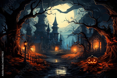 Paysage halloween avec chateau hanté au loin et la pleine lune dans une ville abandonnée et vide
