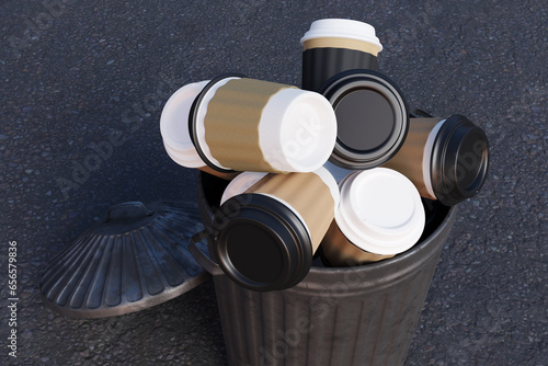 Metallic rubbish bin full of disposable coffee cups. Illustration of the concept of litter produced by paper cups photo