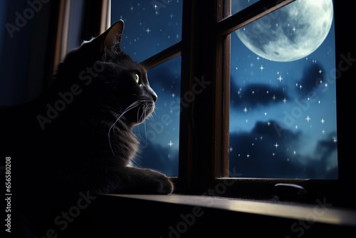 The silhouette of a playful cat sitting on a windowsill with a full moon behind