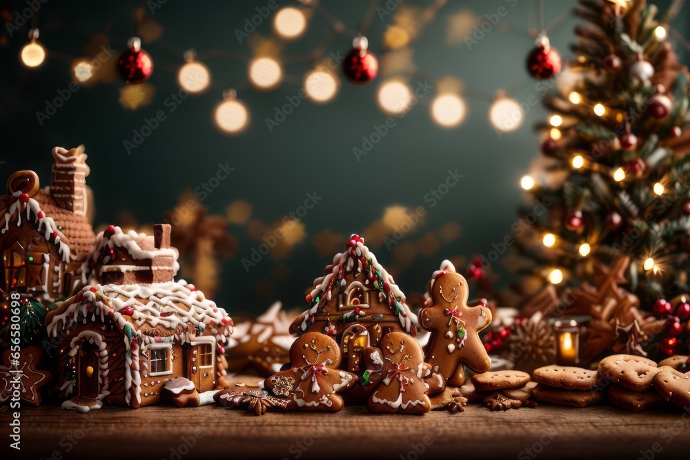 New Year's decoration of gingerbread houses, a man on the background of a Christmas tree and lights. New Year, holiday, food, handmade concepts - obrazy, fototapety, plakaty 