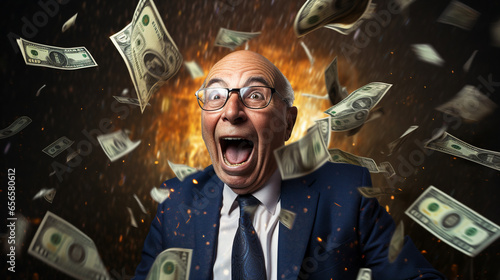 Funny old businessman screaming with money photo