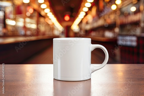 A plain white ceramic mug mockup in a vintage diner