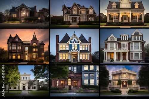 A collage of beautiful houses in a suburban neighborhood in the evening.