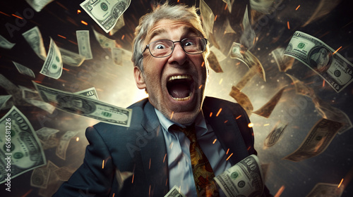 Funny old businessman screaming with money photo