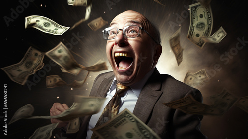 Funny old businessman screaming with money photo