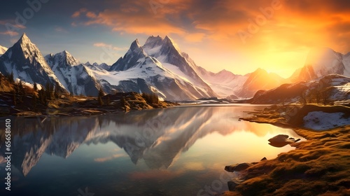 Panoramic view of snowy mountains reflected in lake at sunset.
