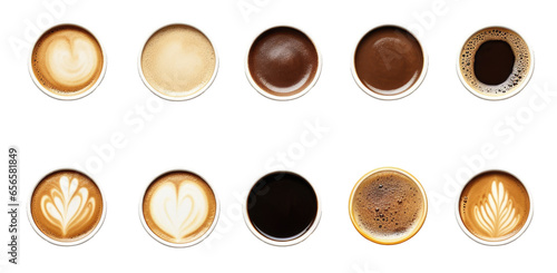 Top view, set of paper take away cups of different black coffee isolated on transparent background.