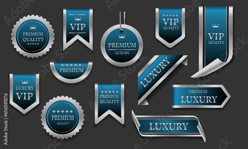 Blue silver luxury premium quality label badges on grey background vector