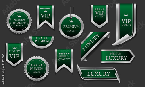 Green silver luxury premium quality label badges on grey background vector