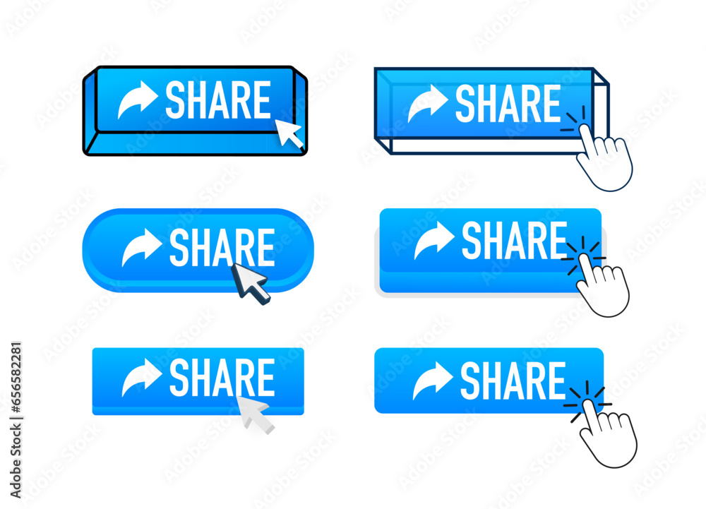 Share with pointer clicking. Share web buttons set. User interface element in flat style. Vector stock illustration Share with pointer clicking. Share web buttons set. User interface element in flat style. Vector stock illustration